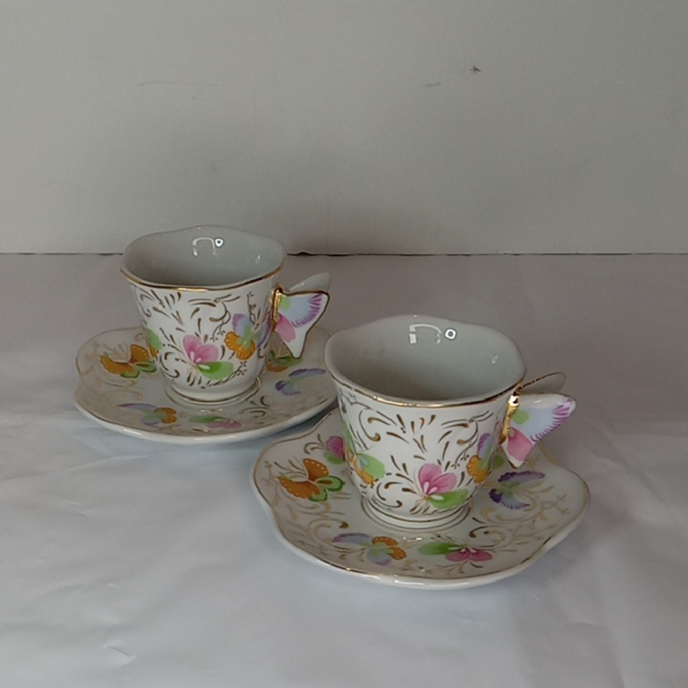 Vintage EVC Floral Butterfly Teacup Saucer Set Of 2 By Formalities Baum Bros